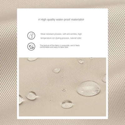Gouttes d'eau sur tissu beige imperméable, texture fine, résistant à l'usure, anti-rides, teinture haute température, couleur naturelle.