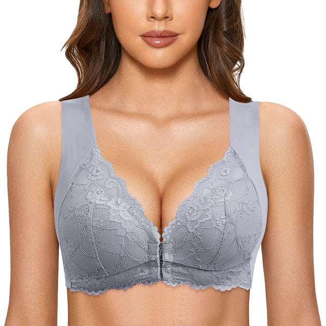 Soutien-gorge en dentelle grise pour femme, design sans couture, fermeture avant, bretelles larges, lingerie confortable et élégante.