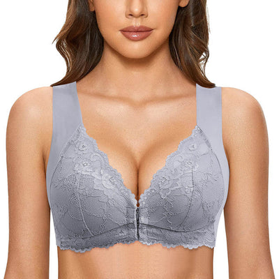Soutien-gorge en dentelle grise pour femme, design sans couture, fermeture avant, bretelles larges, lingerie confortable et élégante.