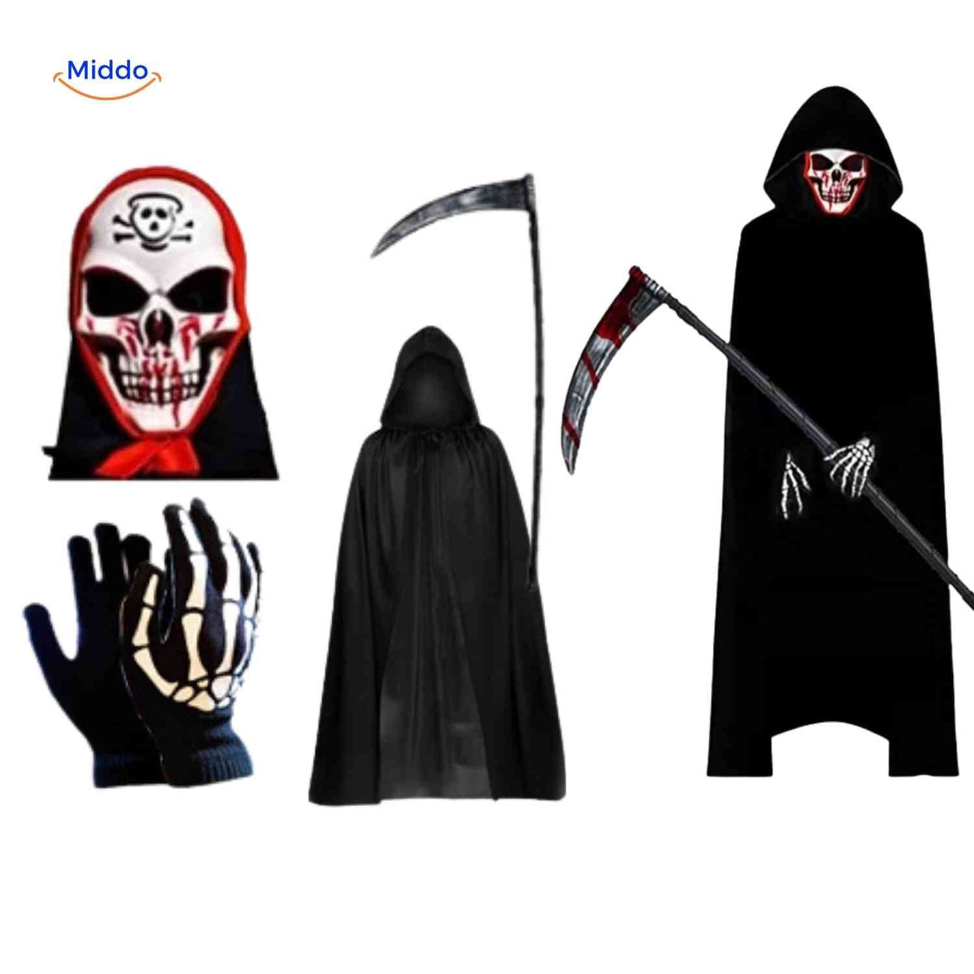 Grimora Set | Accessoires pour cape d'Halloween, masques de squelette et faucille