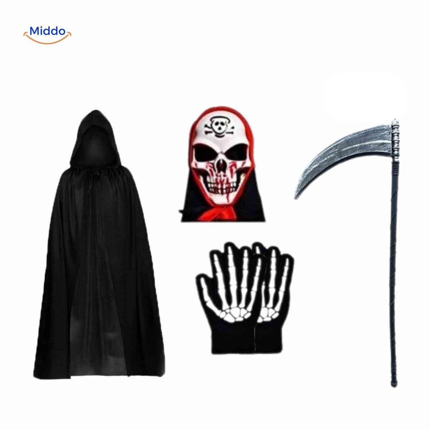 Grimora Set | Accessoires pour cape d'Halloween, masques de squelette et faucille