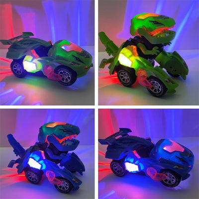 Quatre images d'une voiture jouet dinosaure transformable, verte et bleue, avec lumières LED colorées, sur fond blanc. Jouet interactif pour enfants.