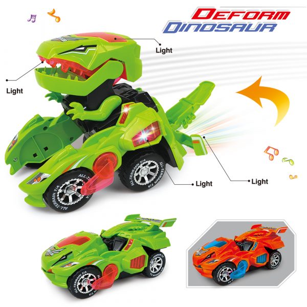 Voiture jouet transformable en dinosaure vert, lumières LED, design innovant, jouet interactif pour enfants, transformation rapide, couleurs vives.