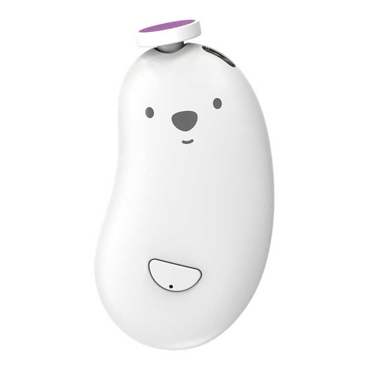 Appareil de massage blanc en forme de haricot avec visage d'ours, bouton violet sur le dessus. Design mignon et ergonomique pour relaxation.
