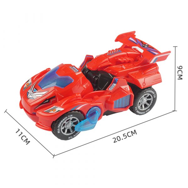 Voiture jouet rouge en plastique avec ailes, dimensions 20,5x11x9 cm, design futuriste, autocollants colorés, idéale pour enfants passionnés d'automobiles.