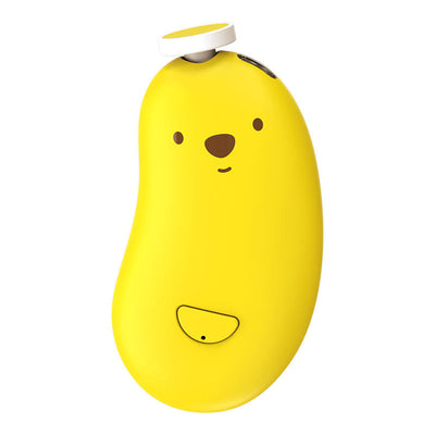Jouet musical jaune en forme de haricot avec visage d'ours, bouton blanc sur le dessus. Design ludique pour enfants. Accessoire éducatif interactif.