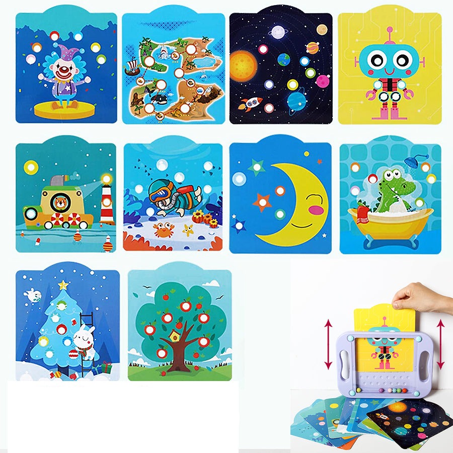 Jeu éducatif pour enfants avec cartes colorées, motifs de clown, robot, espace, animaux, et arbre. Stimule la créativité et l'apprentissage.