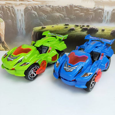 Voitures jouets dinosaures vert et bleu sur fond de paysage naturel, design futuriste, roues noires, détails rouges, pour enfants passionnés de dinosaures.