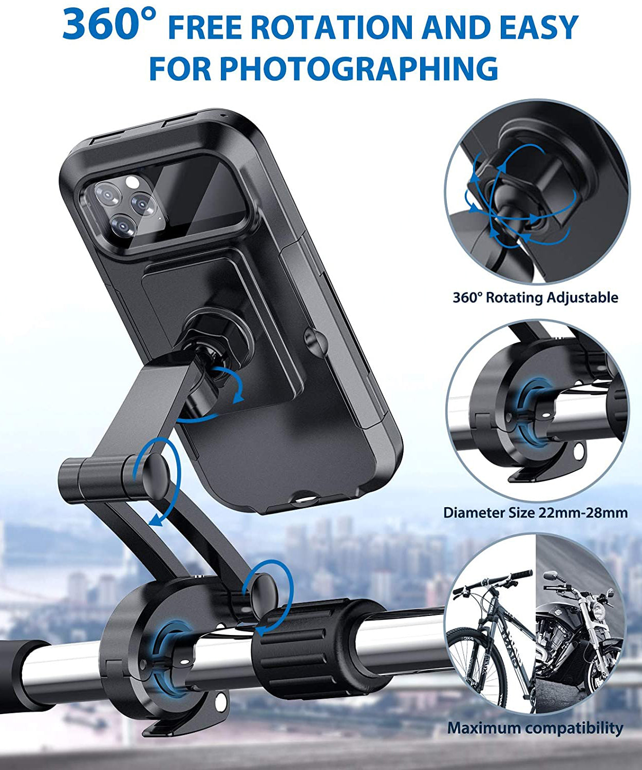 Support de téléphone pour vélo, rotation 360°, ajustable, compatible guidon 22-28mm, idéal pour photographie, fixation sécurisée, smartphone.