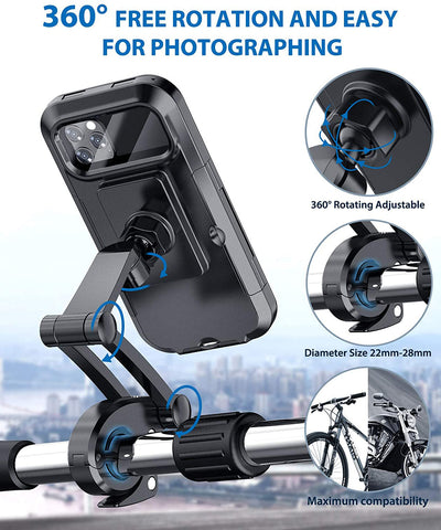 Support de téléphone pour vélo, rotation 360°, ajustable, compatible guidon 22-28mm, idéal pour photographie, fixation sécurisée, smartphone.