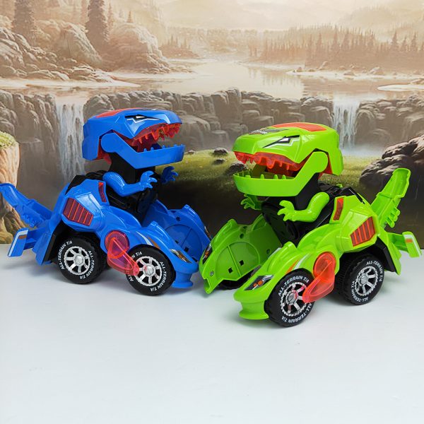 Deux jouets dinosaures transformables en voitures, l'un bleu et l'autre vert, posés devant un paysage de cascade. Jouets enfants, dinosaures, voitures.