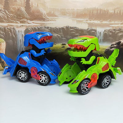 Deux jouets dinosaures transformables en voitures, l'un bleu et l'autre vert, posés devant un paysage de cascade. Jouets enfants, dinosaures, voitures.