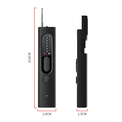 Télécommande noire compacte avec antenne, affichage LED, boutons de contrôle, dimensions 10,8x2,4x1,5 cm. Accessoire électronique portable.