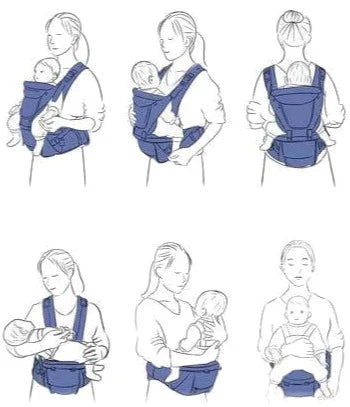 Dessin de six positions de portage de bébé avec un porte-bébé ergonomique bleu, montrant différentes manières de porter un nourrisson en toute sécurité.
