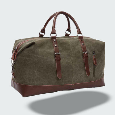 Sac de voyage en toile verte avec poignées et détails en cuir marron, idéal pour week-end, style vintage, spacieux et robuste.