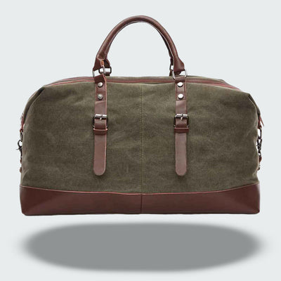 Sac de voyage en toile verte et cuir marron, avec poignées robustes et bandoulière amovible. Idéal pour week-end, style vintage élégant.