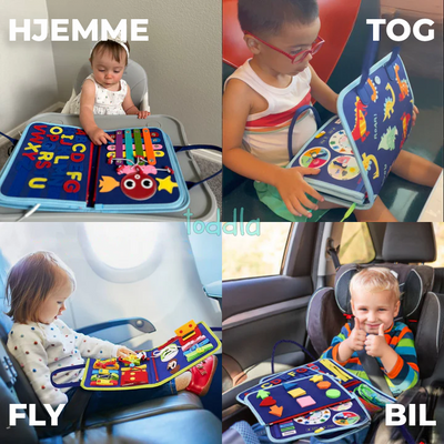 Enfants utilisant un livre d'activités éducatif en tissu dans différentes situations : à la maison, en voiture, en avion. Jouet éducatif, voyage.