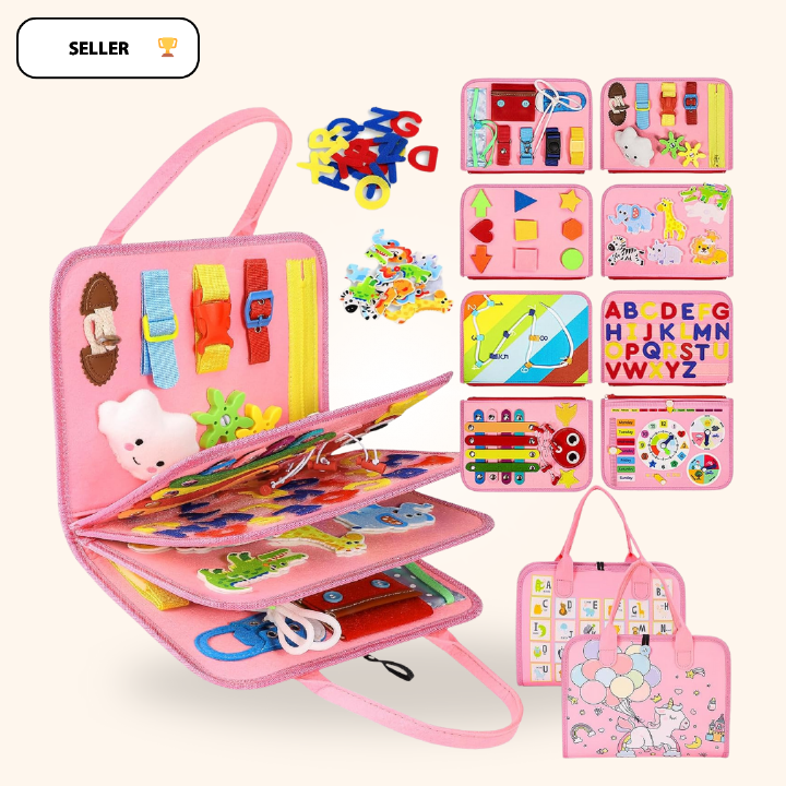 Sac d'activités éducatif pour enfants, rose, avec jeux d'apprentissage, lettres, chiffres, formes et animaux. Jouet Montessori interactif.