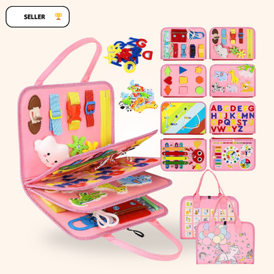 Sac d'activités éducatif pour enfants, rose, avec jeux d'apprentissage, lettres, chiffres, formes et animaux. Jouet Montessori interactif.