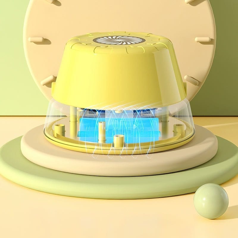 Appareil anti-moustiques jaune et vert avec lumière LED bleue, design moderne, sur fond pastel. Solution efficace pour la maison.