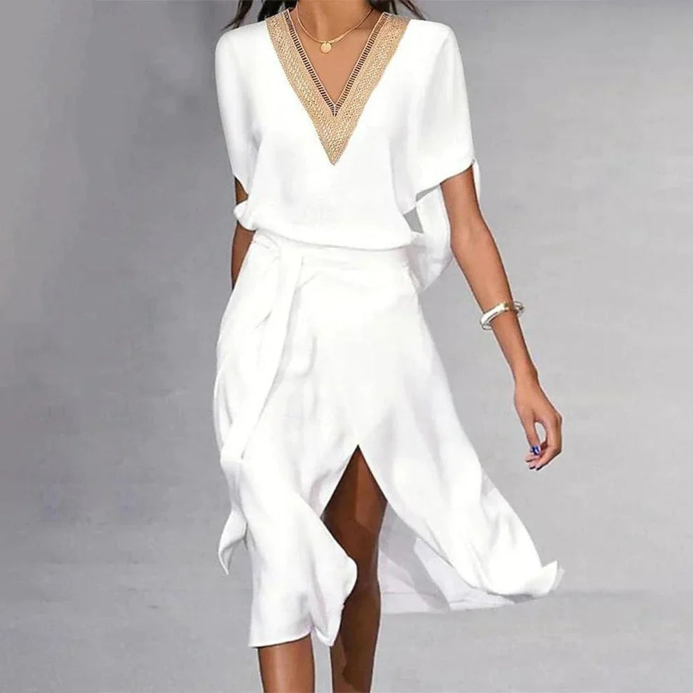 Isabella - robe midi blanche moderne avec col en V