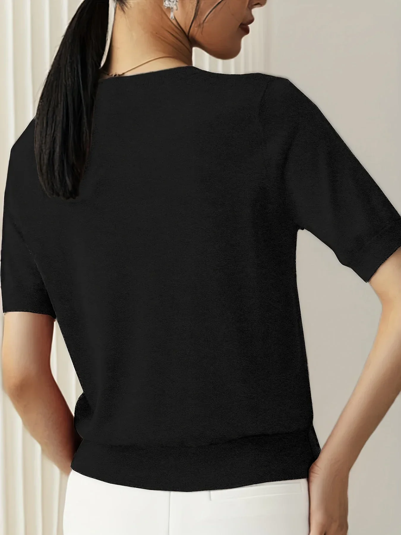 Top en maille à manches courtes pour dames - Maille fine et encolure ronde