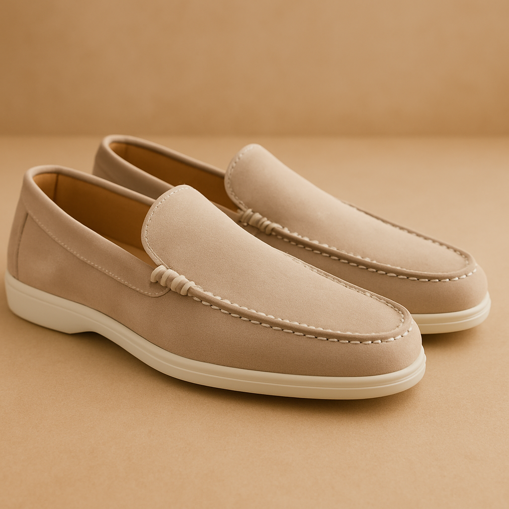Paire de mocassins en daim beige sur fond neutre, style élégant et moderne, chaussures pour homme, mode décontractée, semelle blanche contrastante.