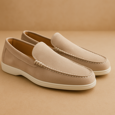Paire de mocassins en daim beige sur fond neutre, style élégant et moderne, chaussures pour homme, mode décontractée, semelle blanche contrastante.