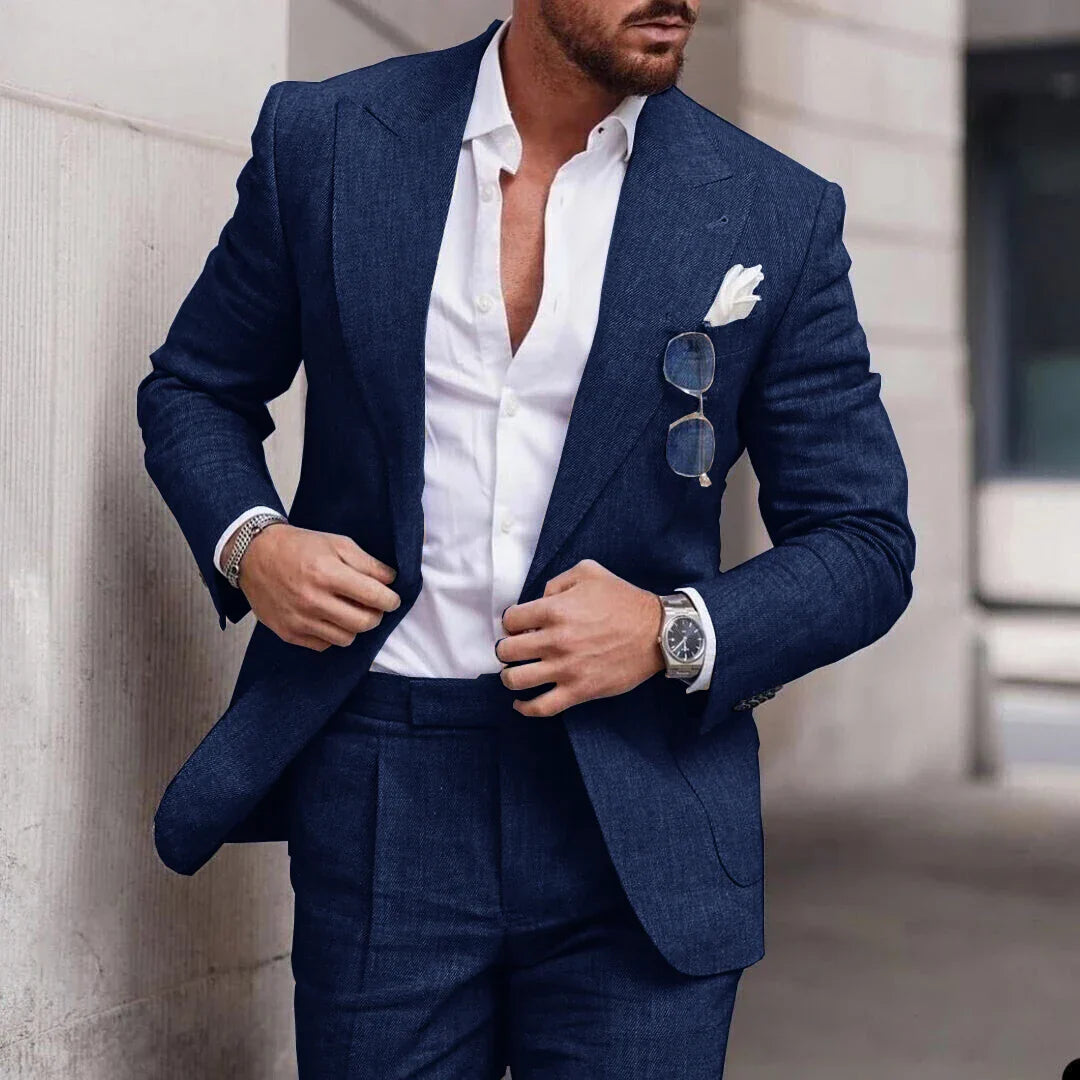 Costume de mariage 2 pièces en lin pour hommes - boutonnage simple