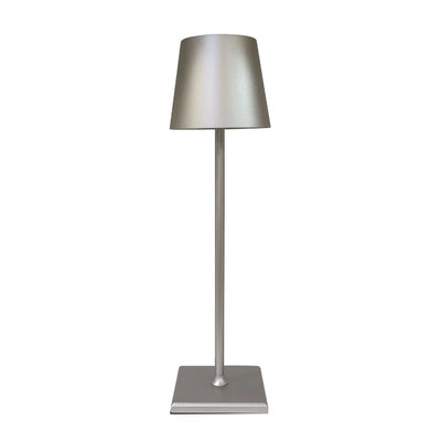 Lampe de table moderne en métal argenté avec abat-jour conique, design élégant, idéale pour salon ou bureau, éclairage intérieur contemporain.
