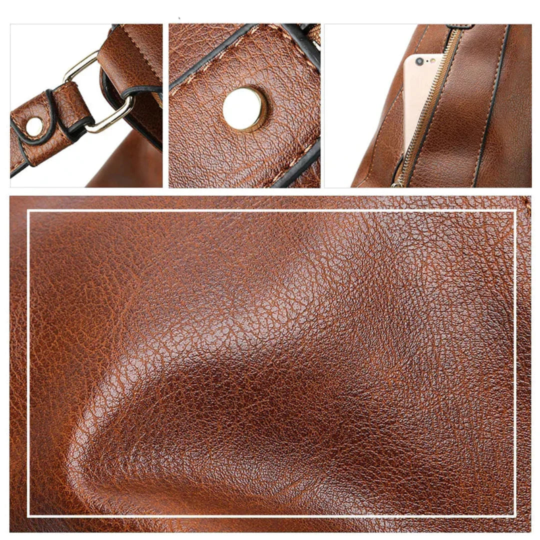 Sac à main en cuir marron avec détails de couture, bouton-pression doré, poche pour smartphone. Accessoire mode élégant et pratique.