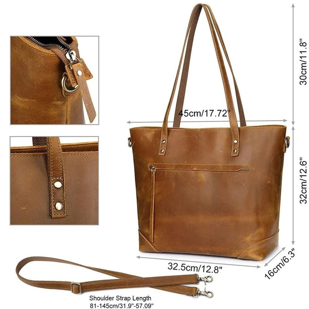 Sac à main en cuir marron avec bandoulière réglable, fermeture éclair, poches extérieures et détails métalliques. Dimensions: 45x32,5x16 cm.