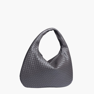 Sac à main en cuir tressé gris, design moderne et élégant, idéal pour la mode féminine. Accessoire tendance pour un look chic et sophistiqué.