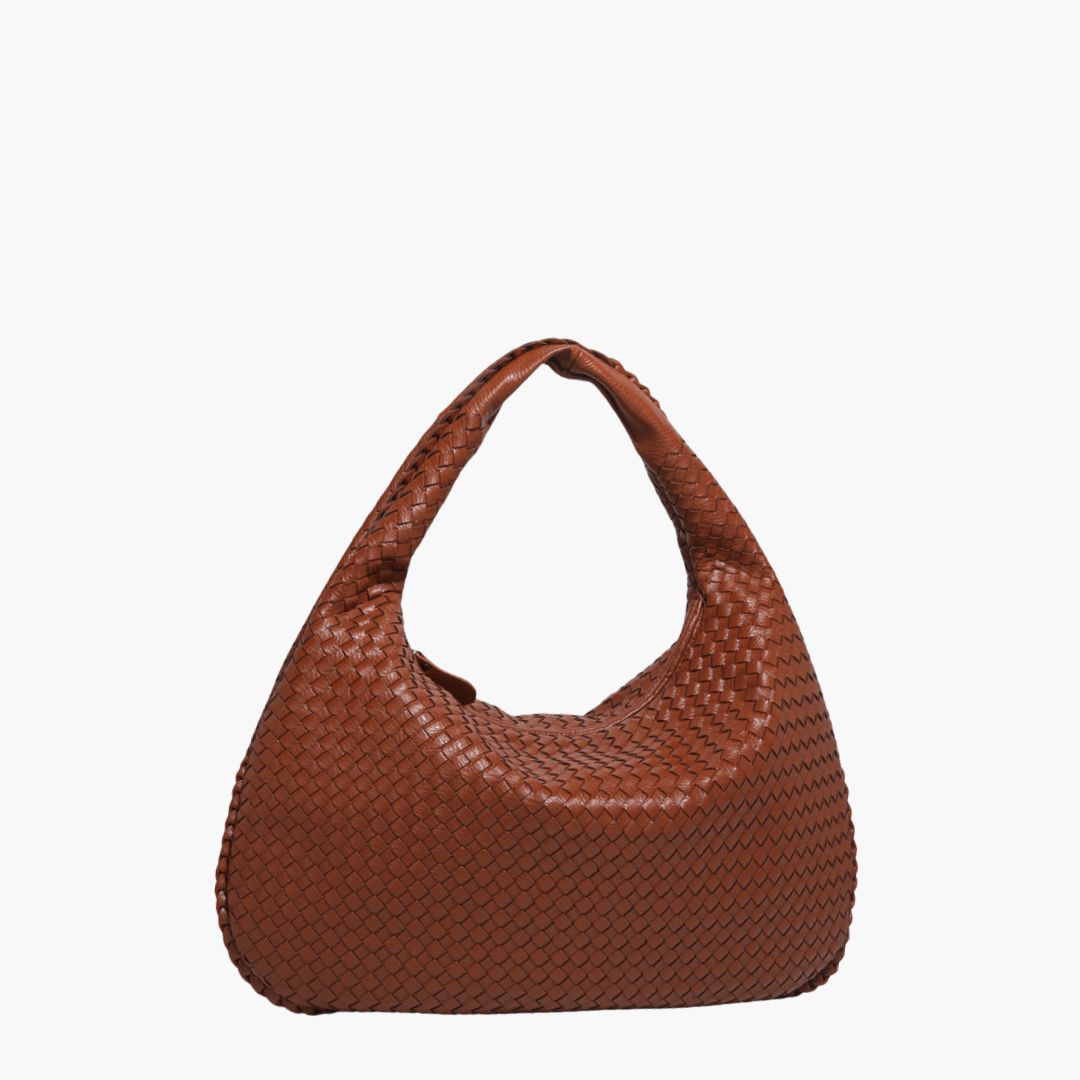 Sac à main en cuir tressé marron, design moderne et élégant, idéal pour la mode féminine. Accessoire tendance pour un style chic et sophistiqué.