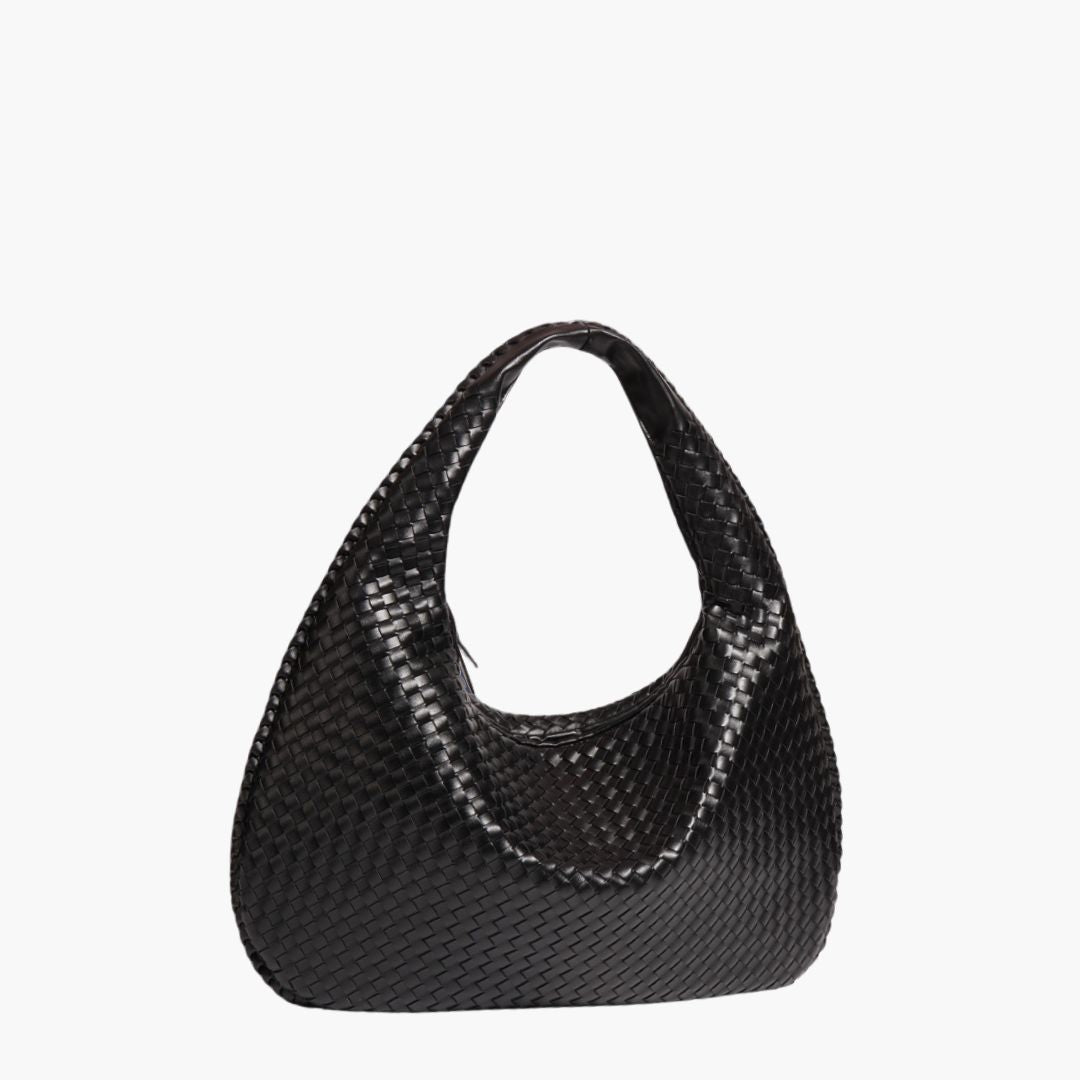 Sac à main noir en cuir tressé, design élégant et moderne, idéal pour la mode féminine. Accessoire tendance pour toutes occasions.