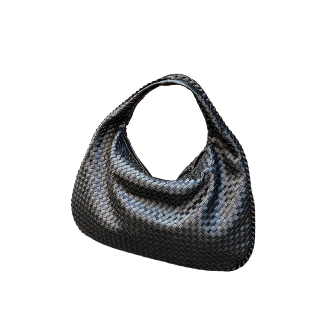 Sac à main en cuir tressé noir, design élégant et moderne, accessoire de mode pour femme, idéal pour un look chic et sophistiqué.
