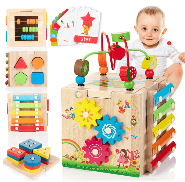 MINDBLOX - Cube d'apprentissage Montessori en bois 8-en-1 pour les enfants d'âge préscolaire avec jeux éducatifs