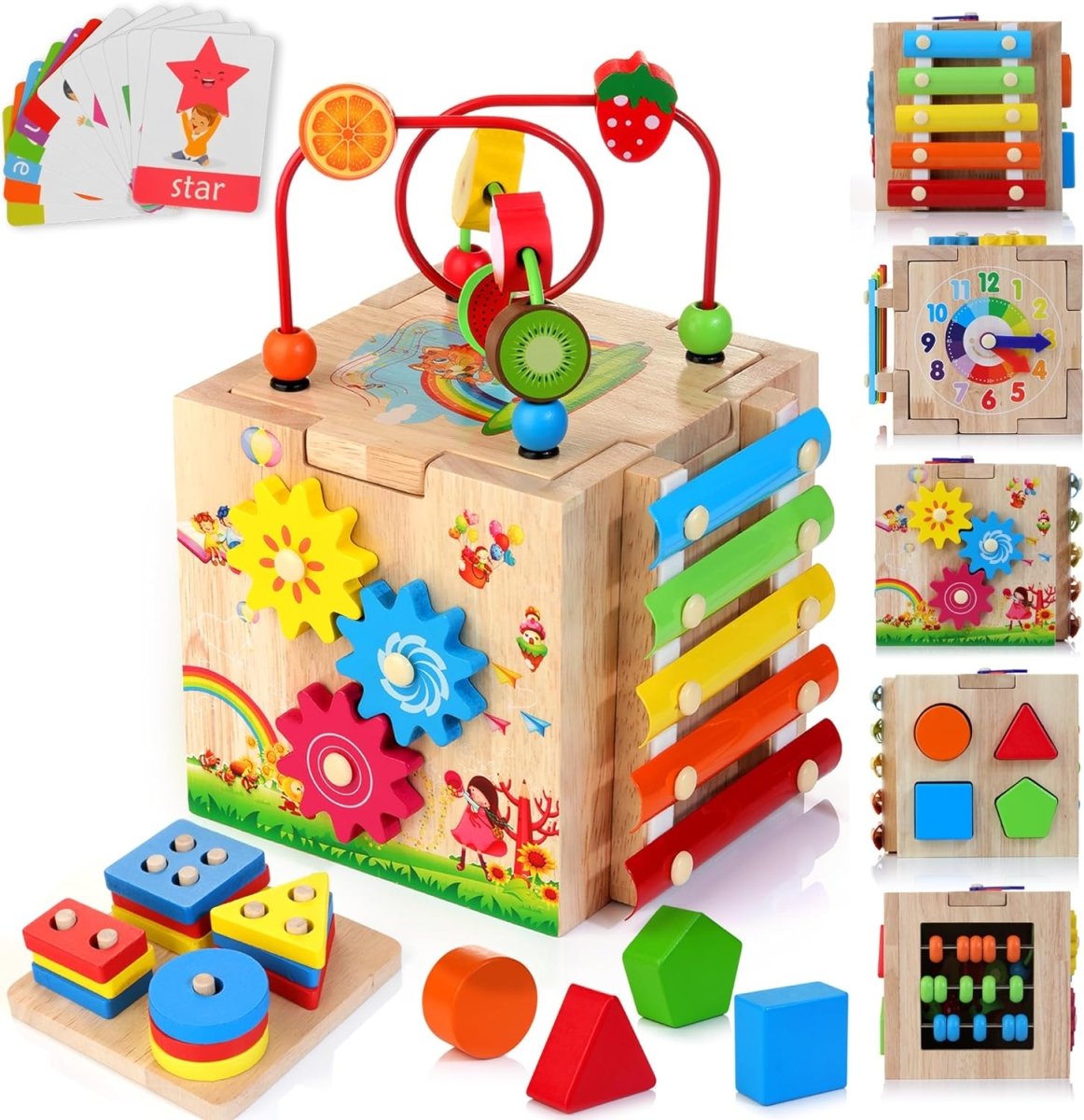 MINDBLOX - Cube d'apprentissage Montessori en bois 8-en-1 pour les enfants d'âge préscolaire avec jeux éducatifs