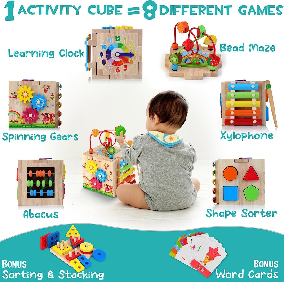 MINDBLOX - Cube d'apprentissage Montessori en bois 8-en-1 pour les enfants d'âge préscolaire avec jeux éducatifs