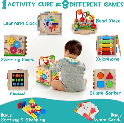 MINDBLOX - Cube d'apprentissage Montessori en bois 8-en-1 pour les enfants d'âge préscolaire avec jeux éducatifs