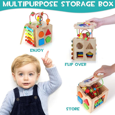 MINDBLOX - Cube d'apprentissage Montessori en bois 8-en-1 pour les enfants d'âge préscolaire avec jeux éducatifs