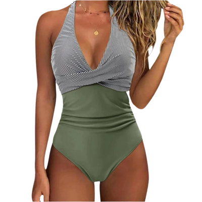 Maillot de bain une pièce femme, rayé noir et blanc, bas vert olive, col en V, élégant, plage, mode été, tendance, style chic.