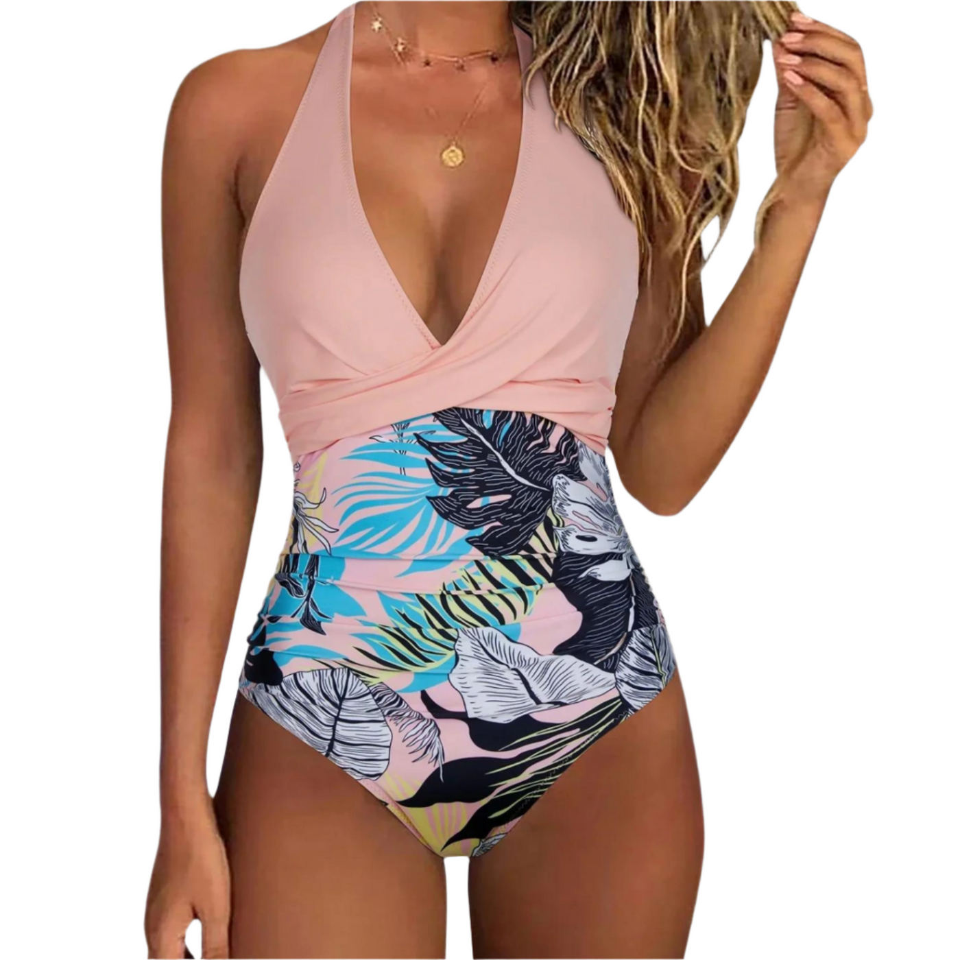 Maillot de bain une pièce femme, décolleté plongeant rose, motif tropical feuilles multicolores, style élégant, plage, été, mode féminine.