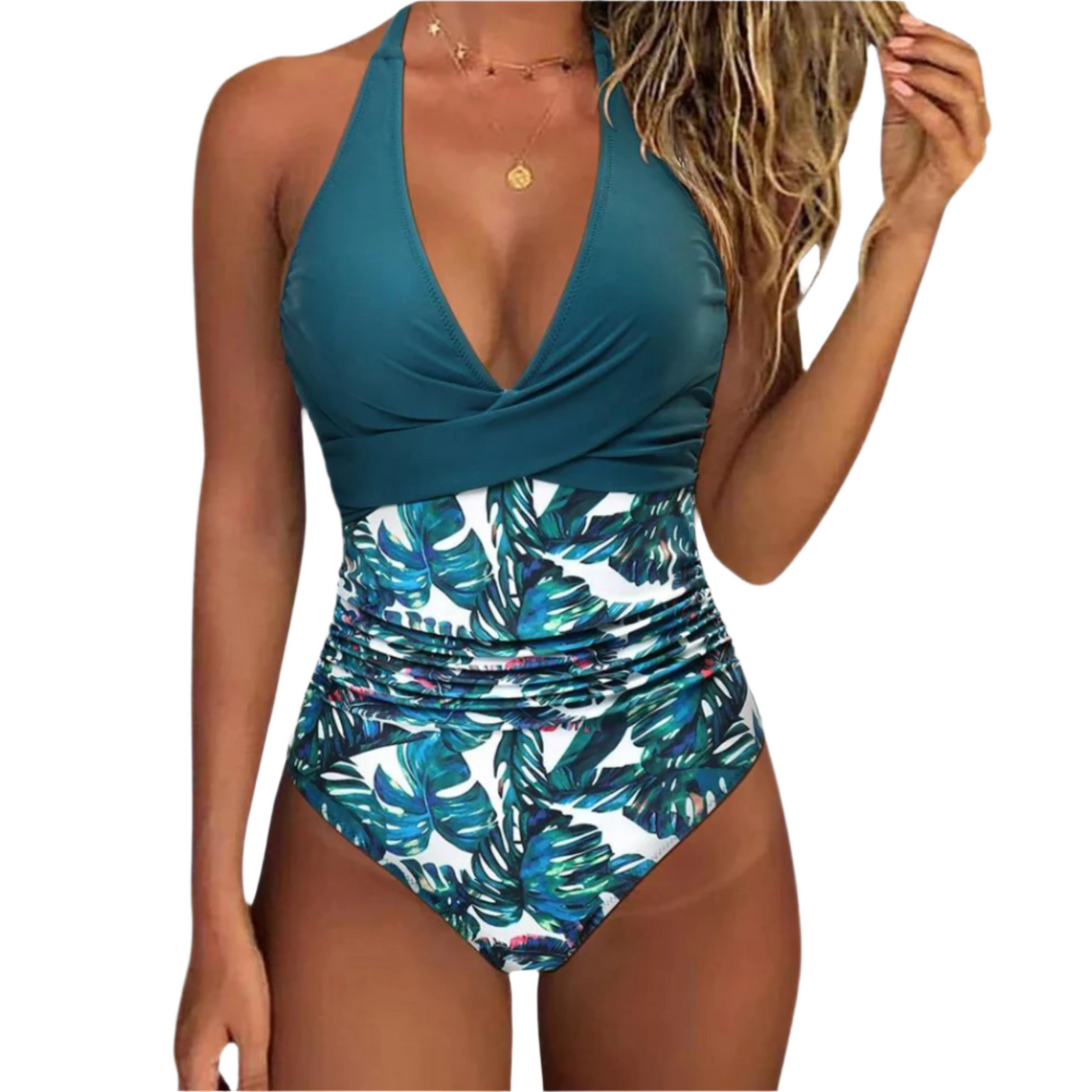 Maillot de bain une pièce femme, motif tropical, décolleté plongeant, couleur bleu et vert, idéal pour plage et piscine, mode été tendance.
