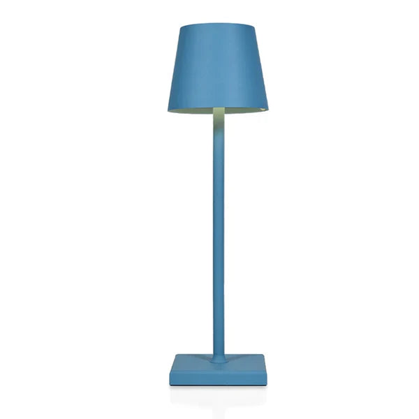 Lampe de table moderne bleue, design minimaliste, abat-jour conique, idéale pour décoration intérieure, éclairage d'ambiance élégant.