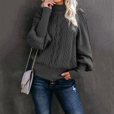 Pull en grosse maille pour femme avec col haut et manches volumineuses