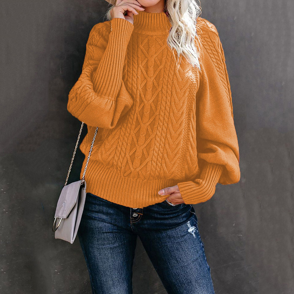 Pull en grosse maille pour femme avec col haut et manches volumineuses