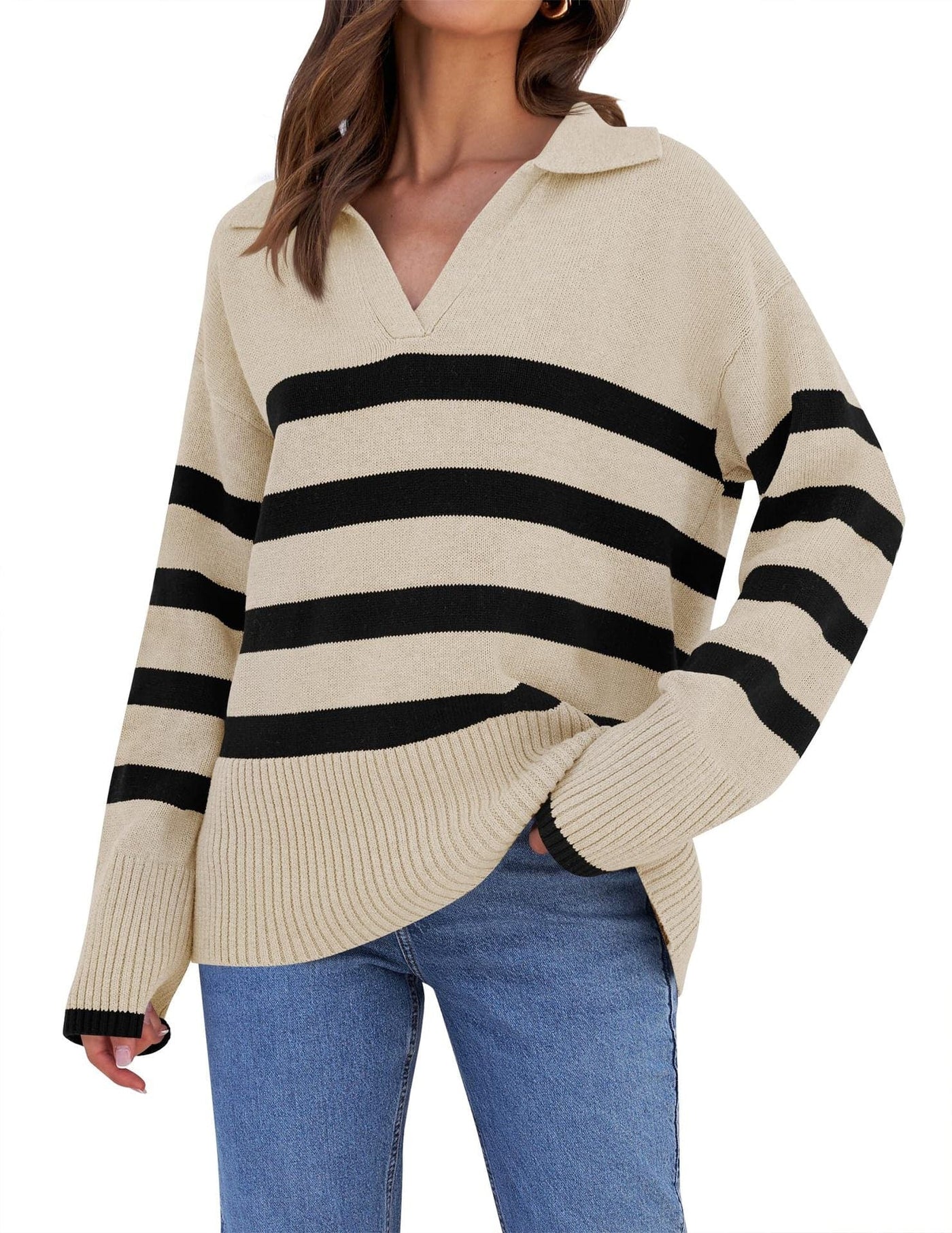 Pull en tricot rayé avec col pour femmes | Parfait pour toutes les saisons