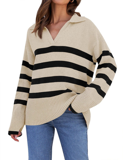Pull en tricot rayé avec col pour femmes | Parfait pour toutes les saisons