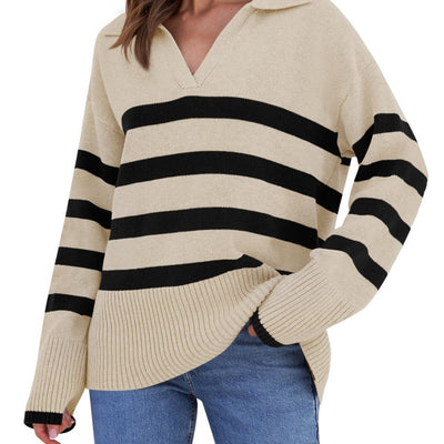 Pull en tricot rayé avec col pour femmes | Parfait pour toutes les saisons